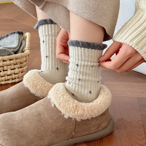 Women Polka Dot Mid-Calf Socks Wool Polyester Blend Knit Scalloped Edge Lettuce Trim Warm Winter