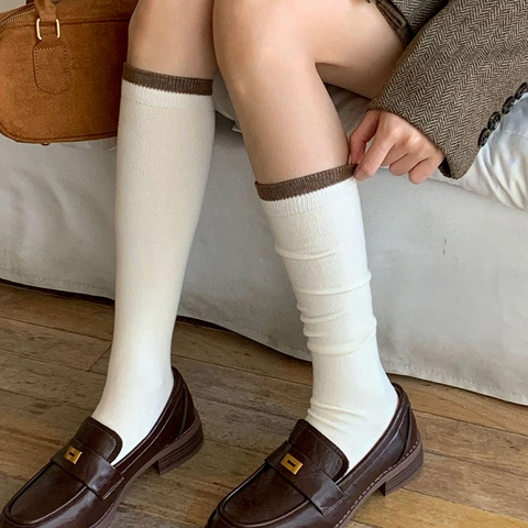 Calcetines Slouch Mujer Punto Mezcla Lana Bloque De Color Puño Acanalado Estilo Retro Japonés Media Pierna