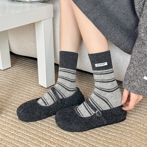 Calze A Righe Da Donna Spesse Calde Misto Lana In Maglia Con Etichetta Stile Streetwear Casual