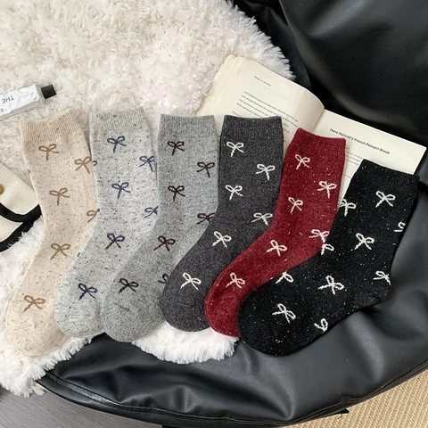 Women Bowknot Pattern Wool Blend Mid-calf Socks Warm Winter Autumn Sweet Japanese Style Knitted Breathable Hosiery