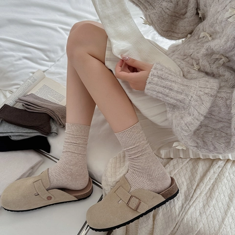 Women Cotton Slouch Socks Mid Calf Ribbed Solid Color Breathable Sweat Absorbent Casual College Style Daily Wear