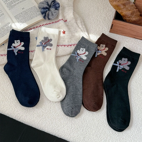 Women Knit Crew Socks Thickened Warm Autumn Winter Cartoon Bear Embroidery Plaid Bowknot Preppy Style Soft Cozy
