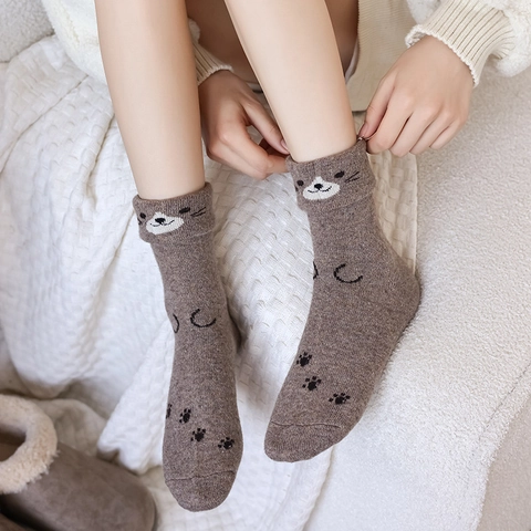 Süße Katzen Gesicht Mittelhohe Socken Verdickte Warme Wollmischung Strick Hosiery Japanischer Stil Für Frauen Winter
