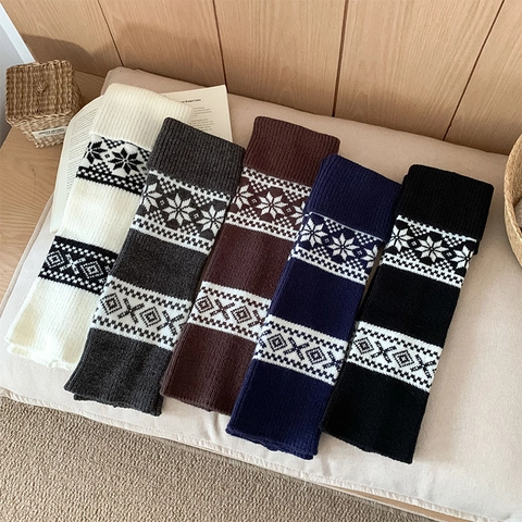 Women Knit Leg Warmers Thick Warm Winter Nordic Fair Isle Snowflake Jacquard Pattern Ribbed Cuffs Coziness