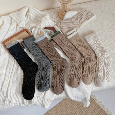 Calze Slouch Da Donna Misto Lana Spesse Calde Invernali Maglia A Trecce Colore A Contrasto Vintage Al Polpaccio