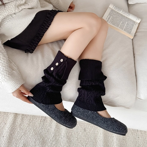 Women Cable Knit Leg Warmers Acrylic Warm Winter Button Cuff Retro Style
