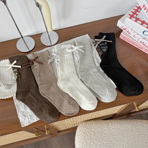 Women Girls Cotton Knit Mid-Calf Crew Socks Sweet Ballet Style Bow Ribbon Heart Embroidery Ribbed Texture