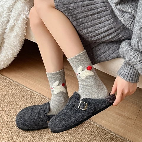 Calze Al Polpaccio Carine Coniglio 3D Pom Pom In Maglia Misto Lana Spesse Calde Invernali Per Donne Stile Dolce