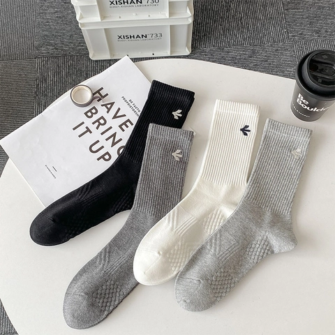 Men Crew Socks Cotton Blend Ribbed Breathable Minimalist Solid Color With Embroidery Logo Daily Casual Sports Wear
