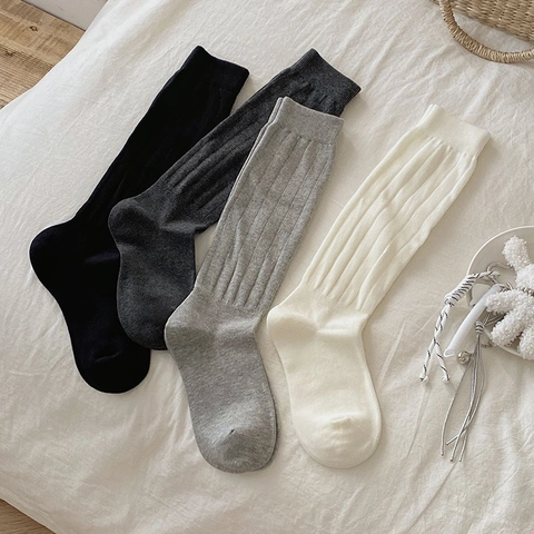 Women Slouch Socks Cotton Blend Ribbed Knit Mid Calf Solid Color Soft Breathable Japanese Style Casual Fashion
