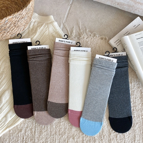 Calzini Crew Da Donna Misto Cotone Maglia A Coste Righe Verticali Punta A Contrasto Stile College Casual