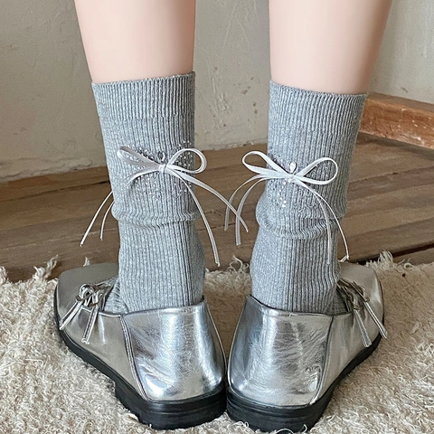 Calcetines Crew Para Mujer Algodón Punto Acanalado Lazo Pedrería Estilo Dulce Color Sólido Transpirable Suave Moda