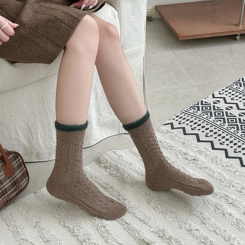 Calze Slouch Da Donna Misto Lana Spesse Calde Invernali Maglia A Trecce Colore A Contrasto Vintage Al Polpaccio