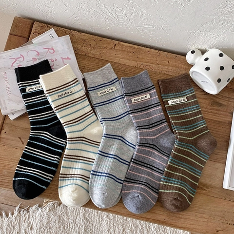 Calze Al Polpaccio Donna Righe Maglia Costine Retro Stile Giapponese Decorazione Etichetta Lettera Comfort