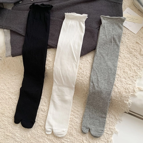 Calcetines Tabi De Mezcla De Algodón Para Mujer Dedo Fendo Media Pierna Estilo Slouch Borde Enrollado Color Sólido