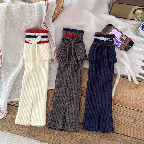 Calentadores De Piernas De Punto Para Mujer Acrílico Acanalado Rayas Lazo Dobladillo Abierto Estilo Preppy