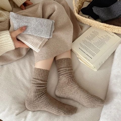 Calze Morbide Da Donna Misto Lana Maglia A Coste Spesse Calde Termiche Metà Polpaccio Stile Giapponese Inverno