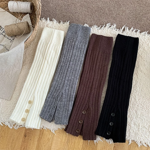 Women Knitted Leg Warmers Ribbed Thick Warm Boot Covers With Buttons Slit Design Solid Color Y2K Style