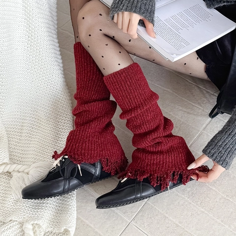 Women Knit Leg Warmers Ribbed Slouchy Socks With Distressed Fringed Edges Flared Japanese Style Warm Acrylic