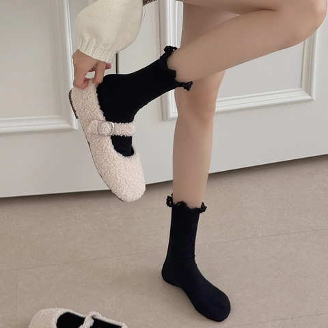 Women Mid-Calf Socks Cotton Ribbed Knit Ruffled Cuff Lettuce Edge Solid Color Sweet Korean Style Breathable Soft