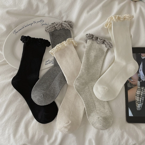 Women Mid-Calf Socks Cotton Ribbed Knit Ruffled Cuff Lettuce Edge Solid Color Sweet Korean Style Breathable Soft
