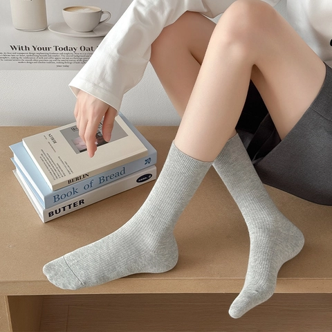 Women Slouch Crew Socks Ribbed Cotton Knit Vertical Stripe Solid Color Japanese Lazy Style Versatile Breathable Elastic