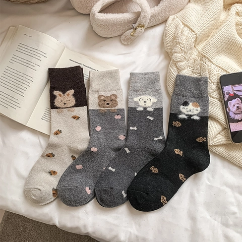 Women Mid Calf Slouch Socks Japanese Cartoon Animal Pattern Warm Color Block Polyester Cotton Blend Kawaii Autumn Winter