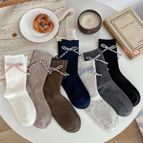 Women Mid Calf Crew Socks Cotton Knitted Plaid Bows Scalloped Edges Sweet Retro Style Solid Color Breathable