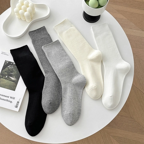 Women Slouch Crew Socks Ribbed Cotton Knit Vertical Stripe Solid Color Japanese Lazy Style Versatile Breathable Elastic