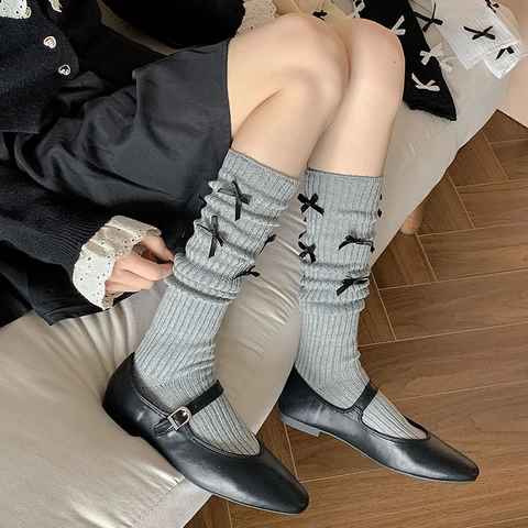 Calcetines Media Pantorrilla Mujeres Niñas Punto Acanalado Mezcla Algodón Lazo Balletcore Estilo Dulce Color Sólido