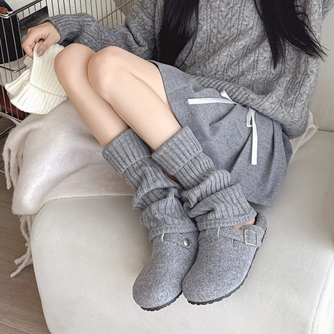 Women Leg Warmers Knitted Ribbed Solid Color Fold Over Cuff Japanese Style High Tube Warm Breathable Footless Socks