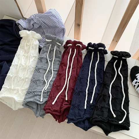 Knitted Leg Warmers Hollow Out Ruffle Edge Drawstring Bow Slouchy Y2K Balletcore Women Socks