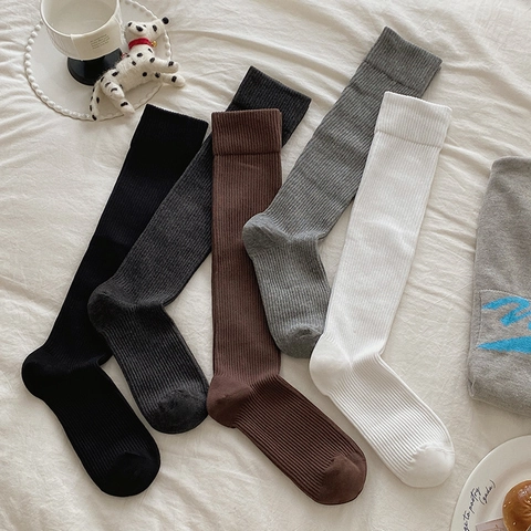 Women Knee High Socks Japanese Style Ribbed Knit Solid Color Slouch Calf Length Elastic Fashion Leg Warmers