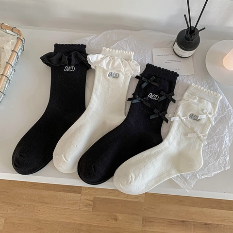 Cotton Blend Calf Socks With Ruffle Lace And Bowknot Ballet JK Style Sweet Embroidery For Women