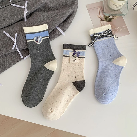 Calze Crew Da Donna Stile Preppy Dolce Fiocco Patch Cuore Strisce Contrasto Misto Cotone Calzini Colorati