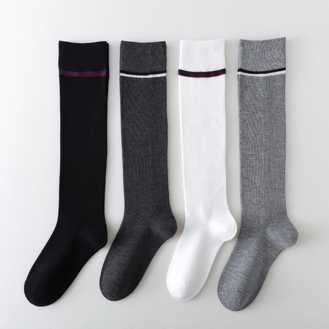 Kniestrümpfe Damen Baumwollmischung Gerippt Zwei Streifen Preppy Japanischer Schulstil Mode Wadenstrümpfe