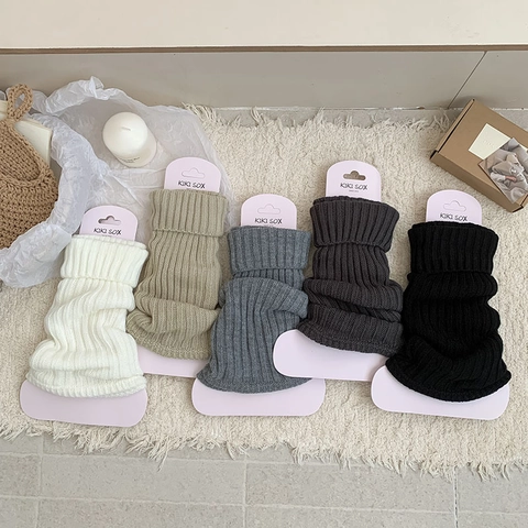 Women Leg Warmers Knitted Ribbed Solid Color Fold Over Cuff Japanese Style High Tube Warm Breathable Footless Socks