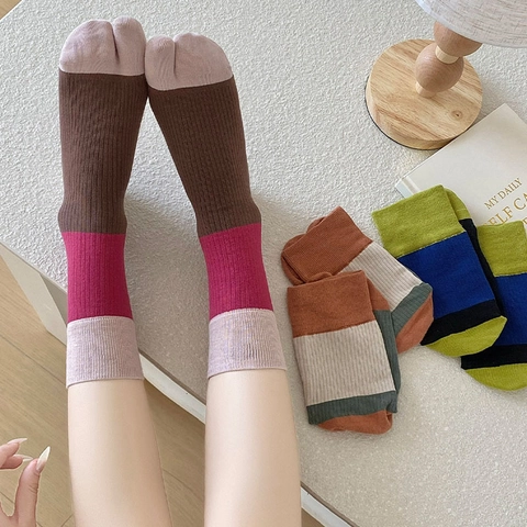 Calcetines Tabi Para Mujer Dos Dedos Algodón Bloque De Color Retro Estilo Japonés Acanalado Media Pantorrilla Transpirable