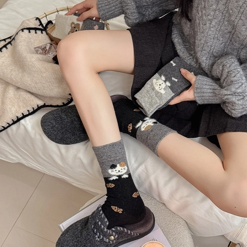 Women Mid Calf Slouch Socks Japanese Cartoon Animal Pattern Warm Color Block Polyester Cotton Blend Kawaii Autumn Winter