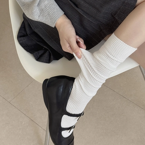 Women Knee High Socks Japanese Style Ribbed Knit Solid Color Slouch Calf Length Elastic Fashion Leg Warmers