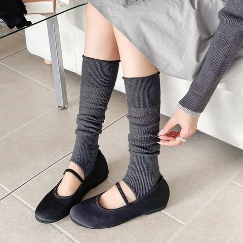 Knitted Leg Warmers Cotton Ribbed Stirrup Solid Color Balletcore Slouchy Socks For Women