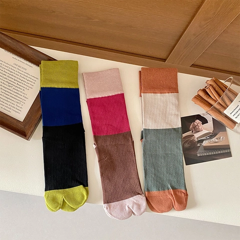 Calcetines Tabi Para Mujer Dos Dedos Algodón Bloque De Color Retro Estilo Japonés Acanalado Media Pantorrilla Transpirable
