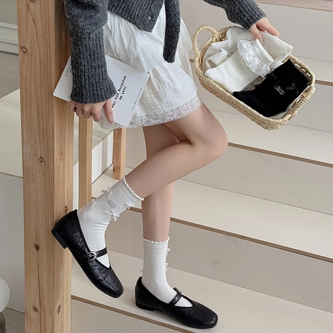 Cotton Blend Calf Socks With Ruffle Lace And Bowknot Ballet JK Style Sweet Embroidery For Women