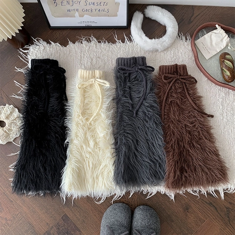 Women Long Faux Fur Leg Warmers With Drawstring Bow Ribbed Knit Trim Y2K Style Thick Warm Winter Boot Cuffs