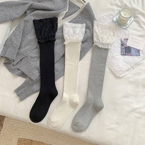 Calcetines Por Encima De La Rodilla Mezcla Algodón Punto Canalé Encaje Volantes Dulce Lolita Balletcore Color Sólido