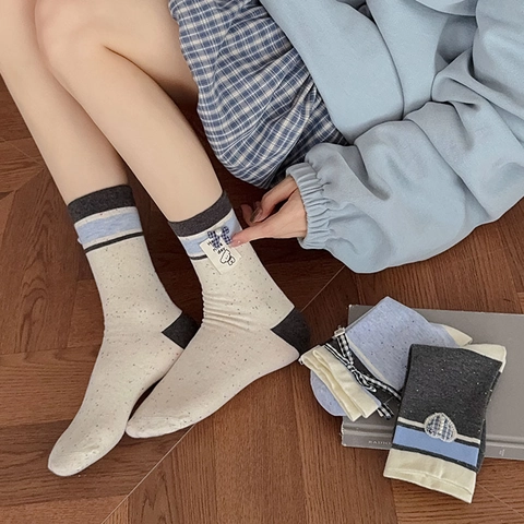 Calze Crew Da Donna Stile Preppy Dolce Fiocco Patch Cuore Strisce Contrasto Misto Cotone Calzini Colorati