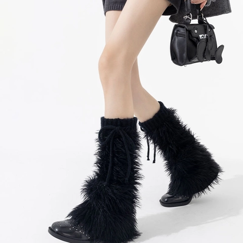 Scaldamuscoli In Pelliccia Sintetica Da Donna Peluche Stile JK Con Fiocco Stringato Svasati Caldi Accessorio Moda Autunno Inverno