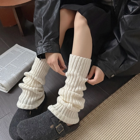 Women Leg Warmers Acrylic Ribbed Knit Solid Color Slouchy Long Socks Preppy Style Winter Warm