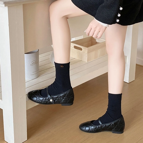 Damen Crew Socken Gerippter Strick Baumwollmischung Retro Knopf Schleifen Dekor Preppy Schulstil Süß Freizeit