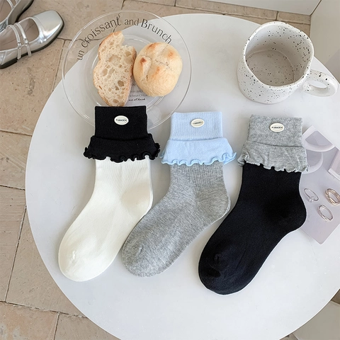 Calcetines Media Pantorrilla Mujer Mezcla Algodón Borde Volantes Color Contraste Botón Decorativo Estilo JK Dulce